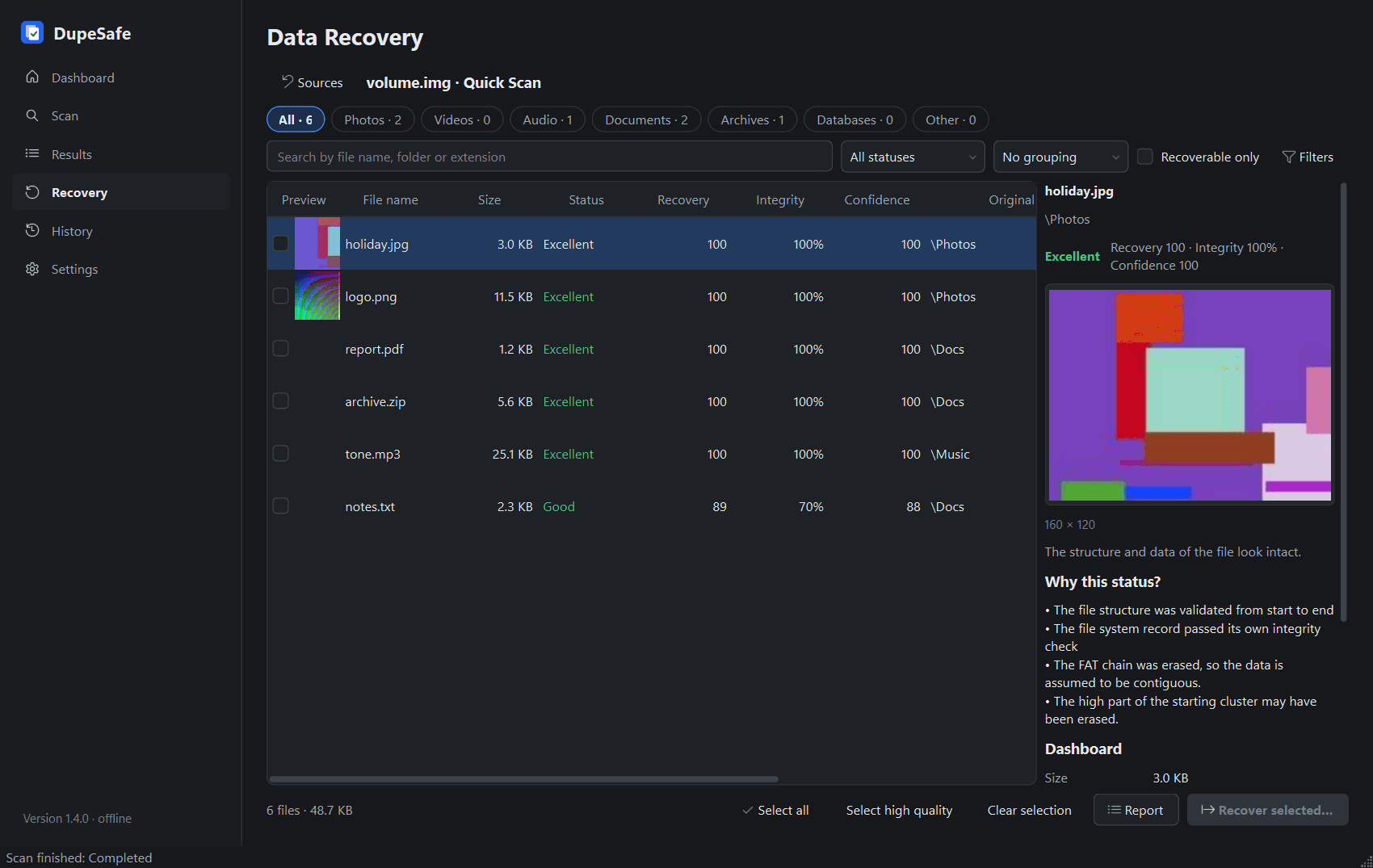 DupeSafe recovery results: found files, status and details